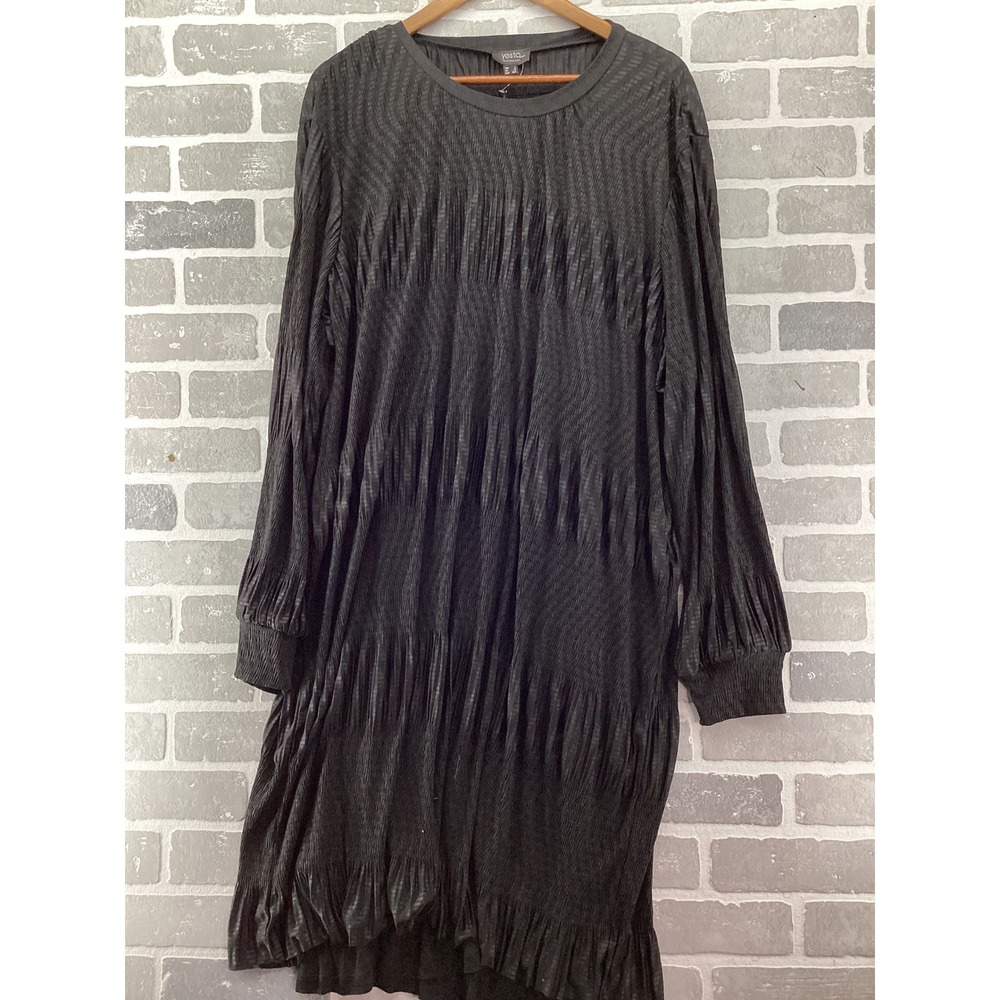 Yesta Black Pleated Plissé Long Sleeve Tiered Midi Dress Plus Size 18W A002492